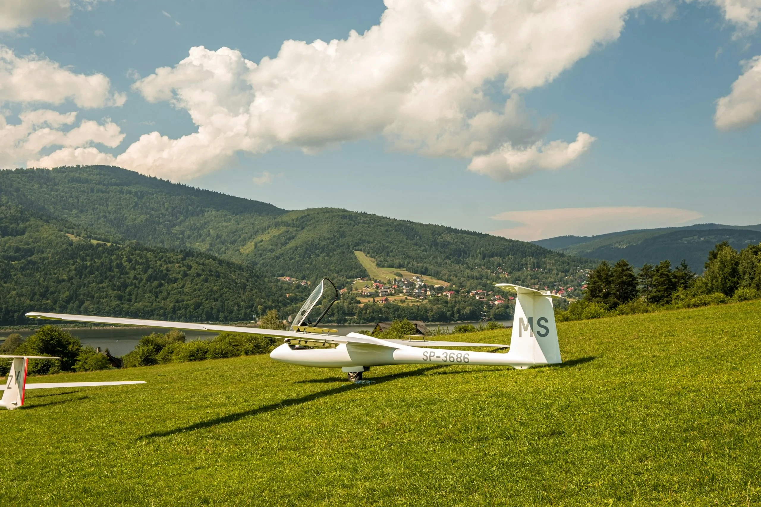 Planeur blanc sur une colline verdoyante avec montagnes en arrière-plan - hotel alpilles - Mas de l'Oulivié