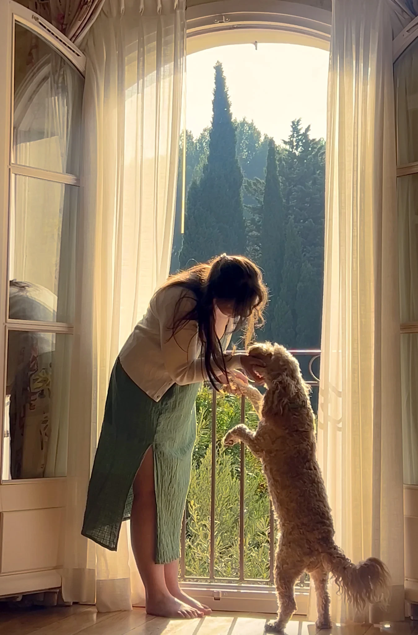 Femme et chien en balcon ensoleillé