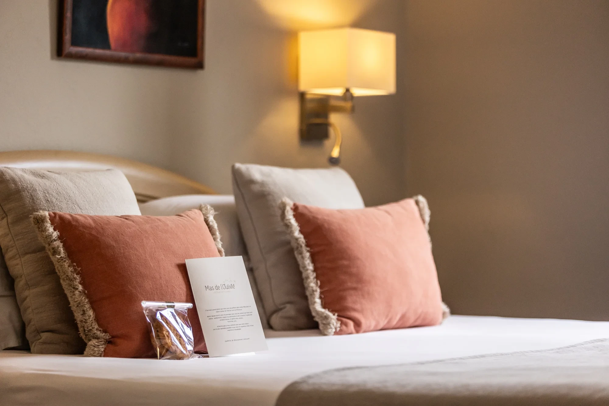 Chambre d'hôtel cosy avec coussins et livret d'accueil
