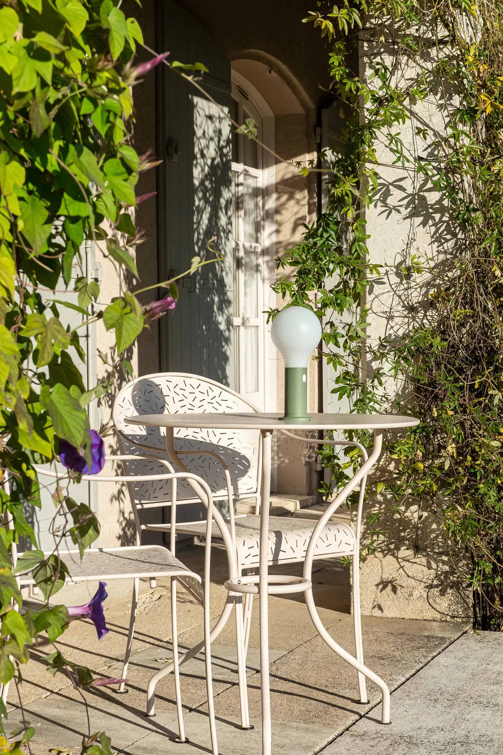 Terrasse de la Chambre Privilège avec table, chaises et plantes grimpantes.