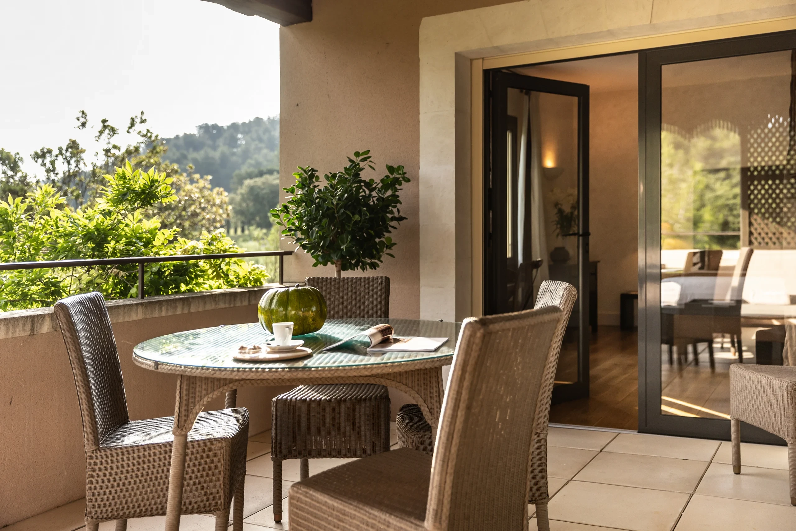 Terrasse avec mobilier en osier et vue verdoyante