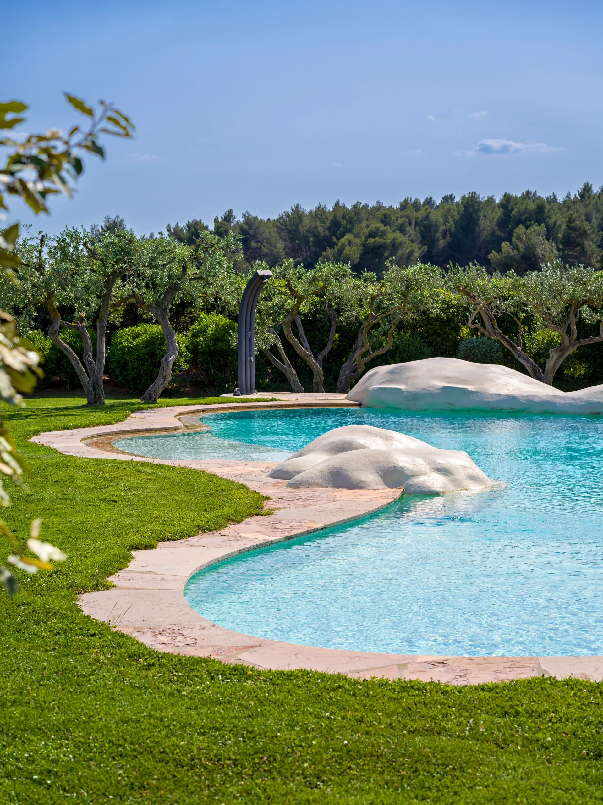 Piscine naturelle bordée de rochers et de verdure - hotel de charme alpilles - Hôtel